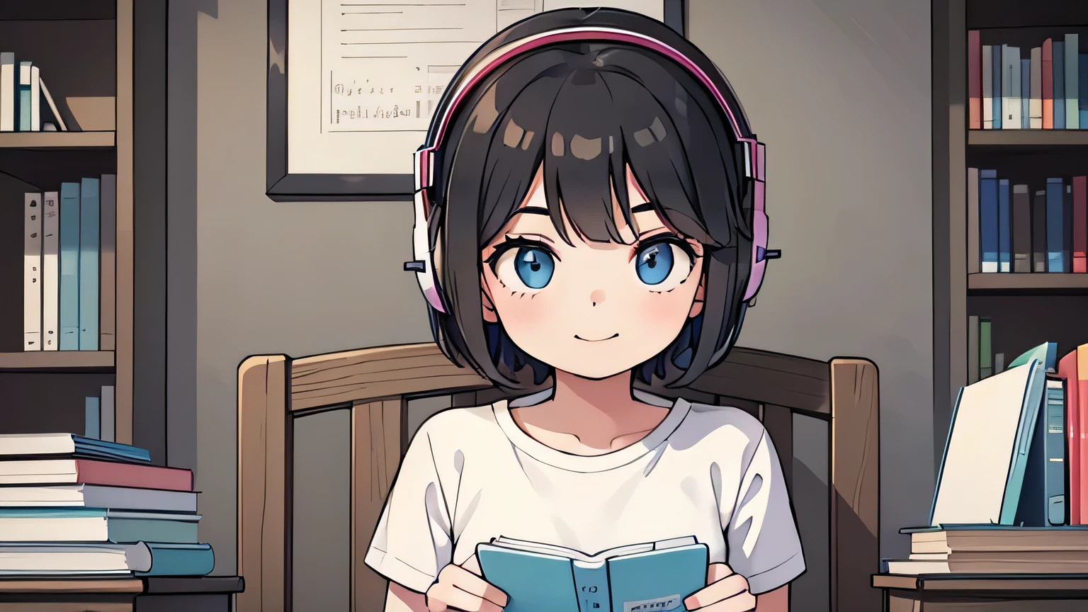 1girl, solo, blue eyes,(detailed eyes), gentle smile flat chest, short hair, black hair, ((white t-shirt)), simple t-shirt, black skirt, black socks, standing, upper body, ((masterpiece, illustration, best quality)) she is studying in her room with books and is wearing headphones while sitting down on her chair