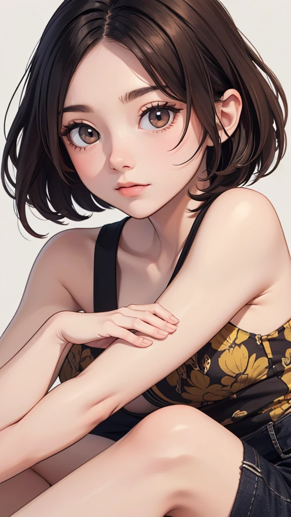 (((masterpiece, best quality, ultra highres, 1 girl, solo, no background))), super detailed skin and face and eyes and finger, beautiful japanese woman, small breasts:1.5, skinny, light brown hair, white background, very short hair, (an illustration of girl), Knee shot, Generate with illustrations, Various expressions, Various poses, Various Costumes, Please draw the entire character within the frame, ensuring that the head, arms, and legs are not cut off. The background should be simple, with the character positioned centrally,