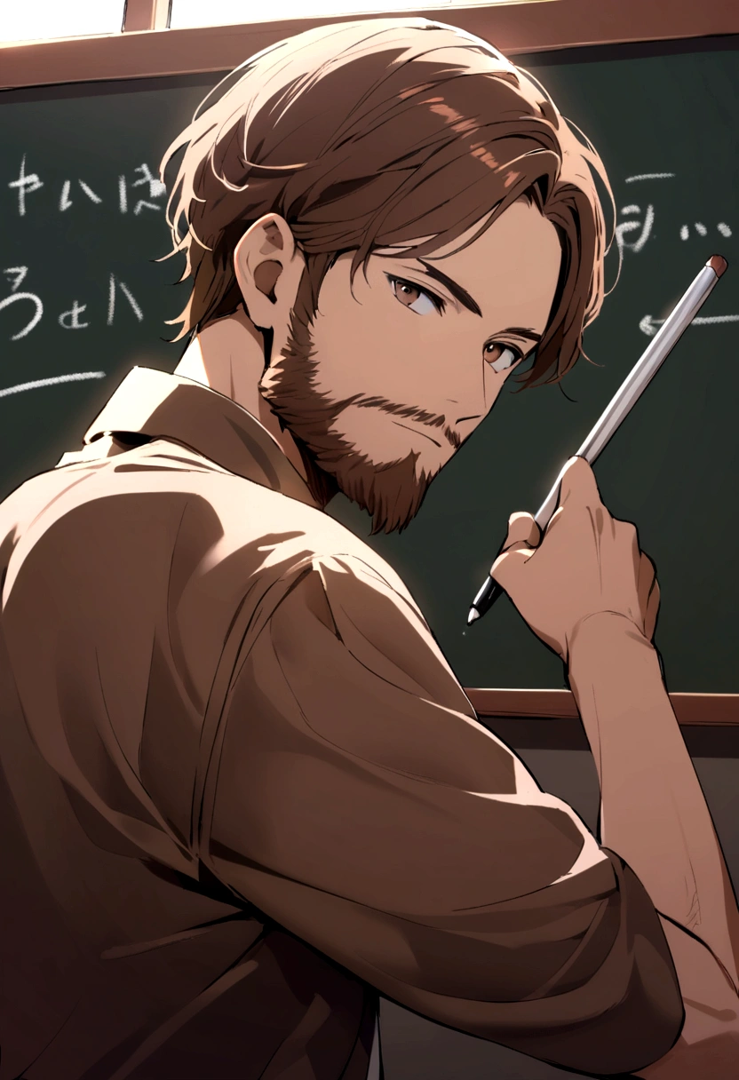 man with brown beard and long brown hair brown eyes writing on a blackboard