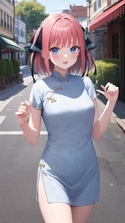 masterpiece, best quality, highres, nn1, 1girl, hair ribbon, short hair, china dress, cowboy shot, street, walking,