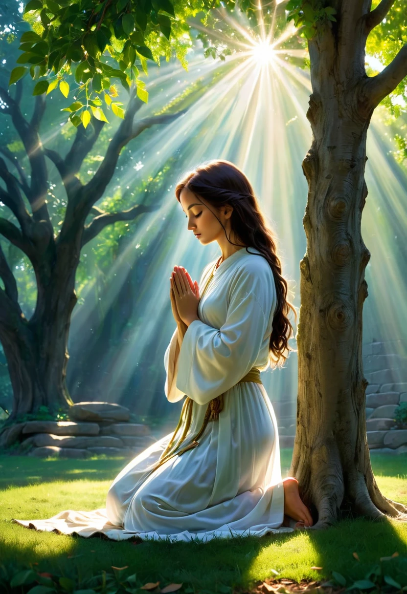 Sob a serene glass, on a peaceful day, A woman kneels, in voracious prayer. Bible in hands, words of light, Seek the comfort that faith always translates.The shadow of the tree, shelter and refreshment, A sacred encounter, an ethereal moment. With eyes closed and heart open, Pray fervently, search for the right path.Every leaf that falls, a divine whisper, Guiding your words, showing the destination. On sacred ground, your soul surrenders, To God omnipresent, his life he extends.under the tree, symbol of life and shelter, A man and his faith, in an old dialogue. kneeling in prayer, his strength he renews, Find answers in the Bible, and peace finally proves.