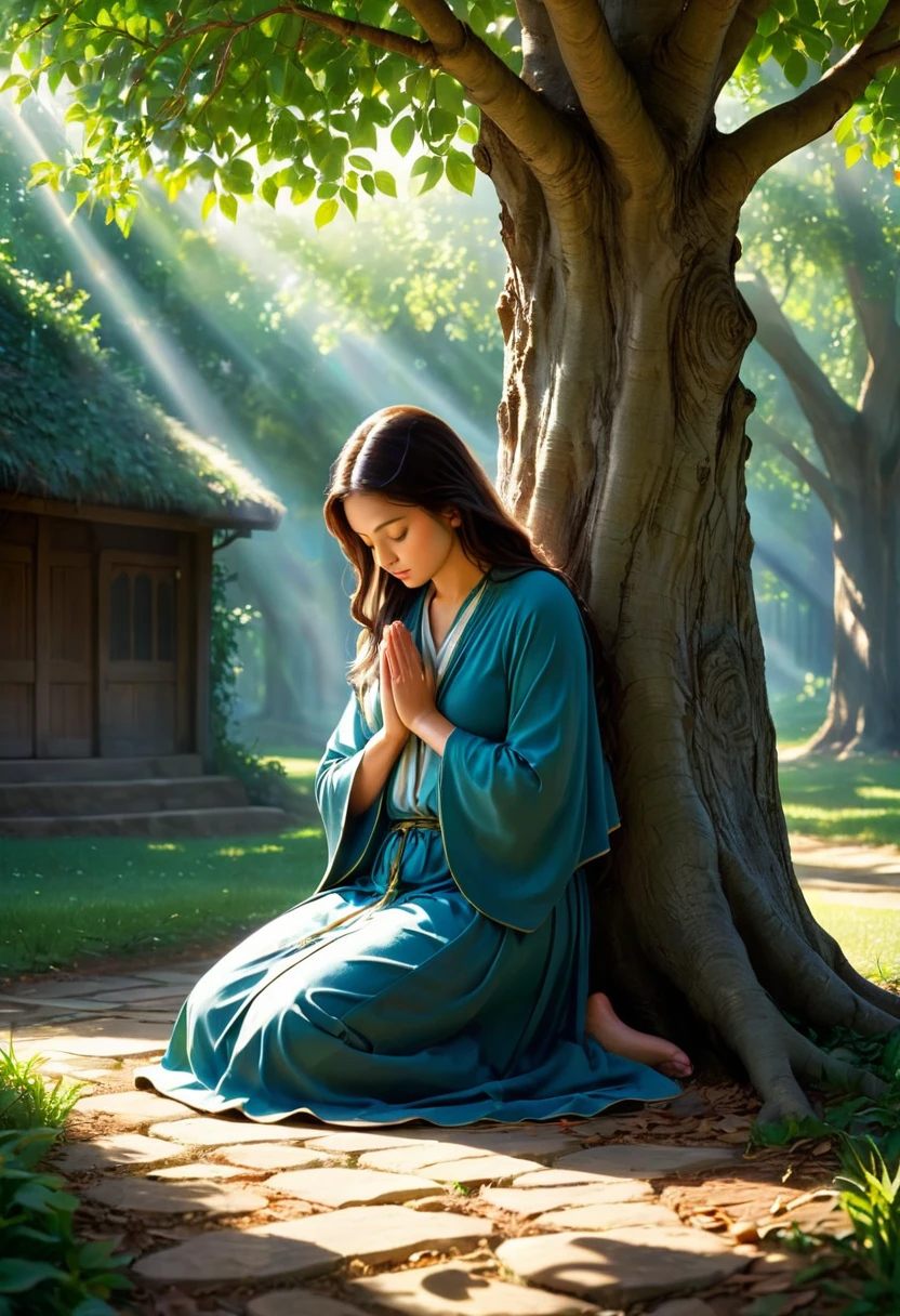 Sob a serene glass, on a peaceful day, A woman kneels, in voracious prayer. Bible in hands, words of light, Seek the comfort that faith always translates.The shadow of the tree, shelter and refreshment, A sacred encounter, an ethereal moment. With eyes closed and heart open, Pray fervently, search for the right path.Every leaf that falls, a divine whisper, Guiding your words, showing the destination. On sacred ground, your soul surrenders, To God omnipresent, his life he extends.under the tree, symbol of life and shelter, A man and his faith, in an old dialogue. kneeling in prayer, his strength he renews, Find answers in the Bible, and peace finally proves.