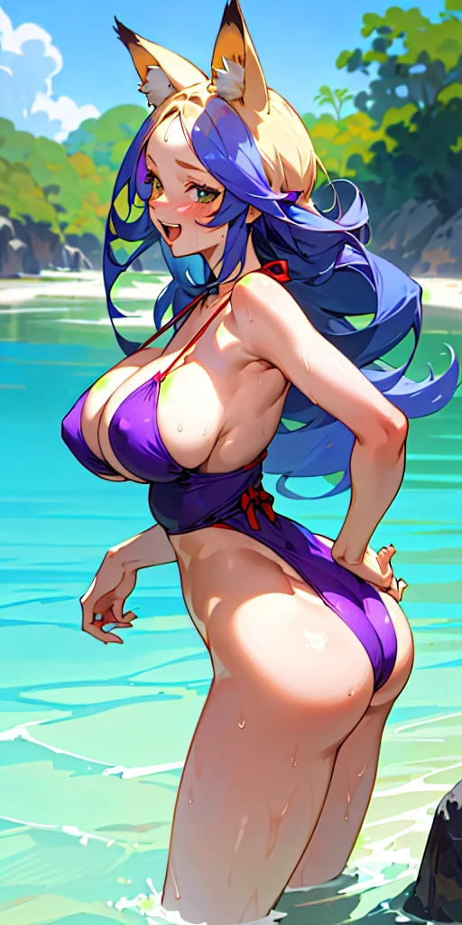 (masterpiece, best quality),A girl with reddish green eyes with purple, looking back, outdoors, obi, swimsuit, big breasts, big buttocks, fox ears, ultra realistic, she is 1.87, another girl with very big breasts and very big buttocks, blue hair with blonde, height 1.79, laughing, in the water
