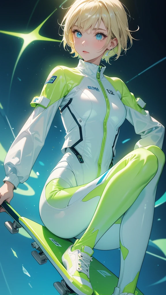 1girl, solo, white background,   wattson, masterpiece, highly detailed, blue eyes, blonde hair, short hair, Fluorescent green jacket, Rubber Gloss, white rubber skinsuit, Yellow skateboard shoes,  white pants, blush, plain background