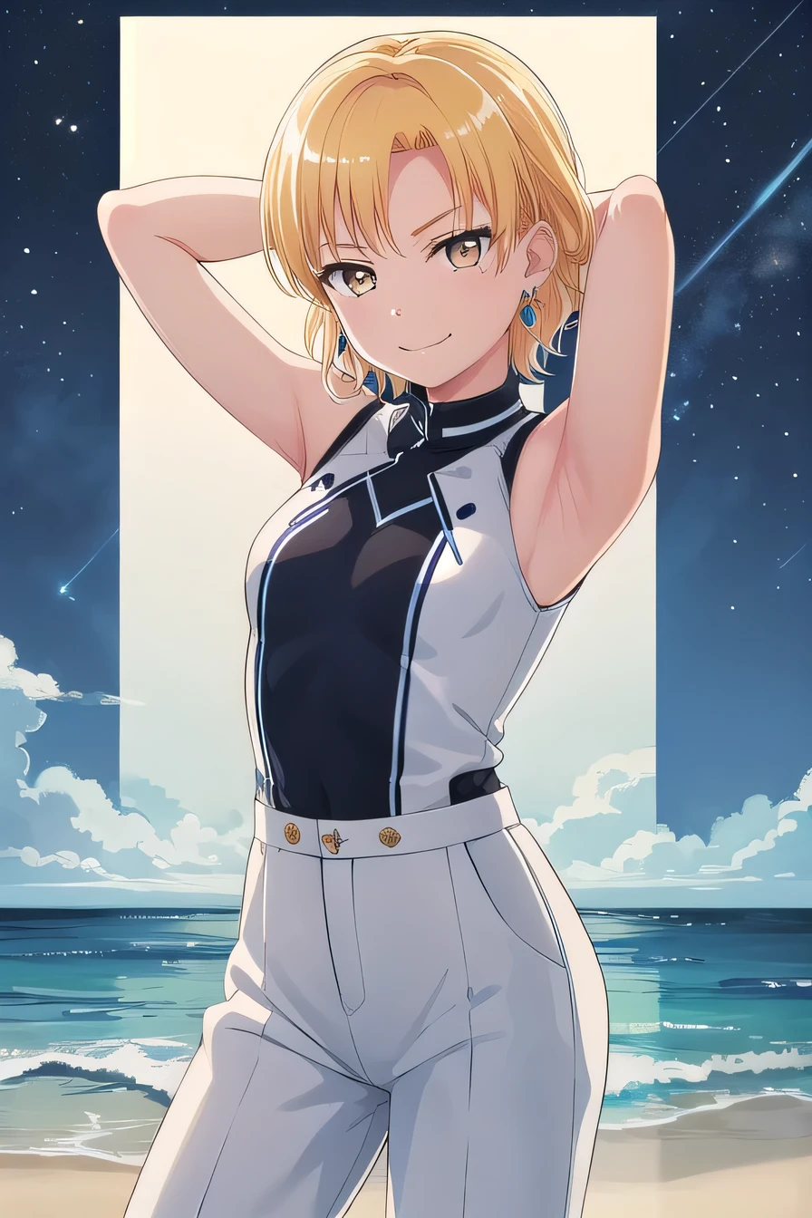 MASKING, 1girl, solo, looking at viewer, smile, short hair, blonde hair,  sleeveless, brown eyes, jewelry, yellow eyes, white undershirt, earrings, white pants, demin, high quality, solo, night sky, beach, arms behind head, contrapposto, closed mouth, spread armpits, (cowboy shot:1.5), looking at viewer, smirk, best quality,