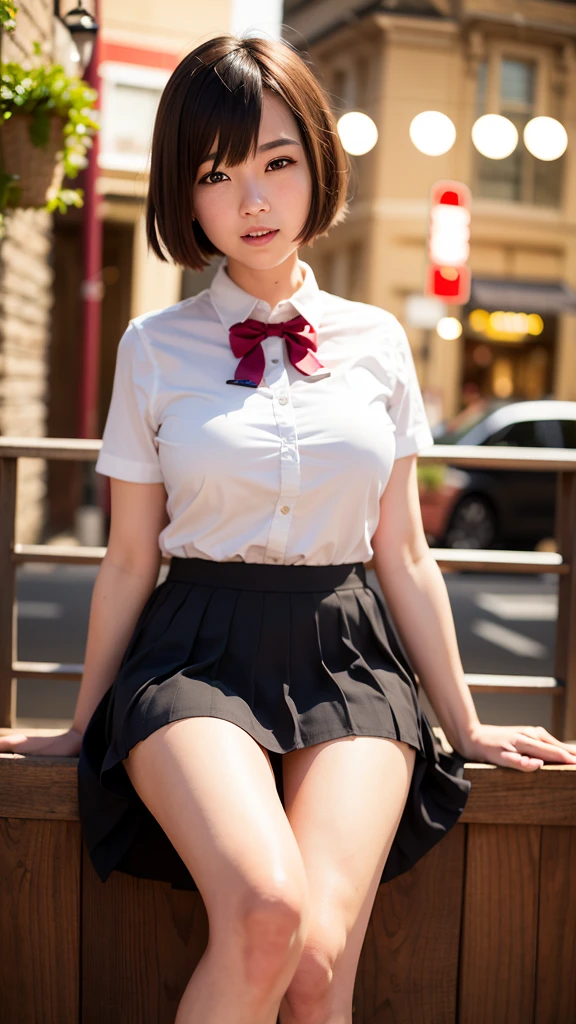 (8k, RAW photo, best quality, masterpiece:1.2), (realistic, photo-realistic:1.37), ultra-detailed,
1 girl,cute, solo,beautiful detailed sky,detailed cafe,night,sitting,dating,(nose blush),(smile:1.1),(closed mouth),large breasts, seductive smile, large aparture, professional lighting, Sony A7R4, Zessie 50mm F1.8,
medium breasts,beautiful detailed eyes,(collared shirt:1.1), bowtie,pleated skirt,(short hair:1.2),floating hair