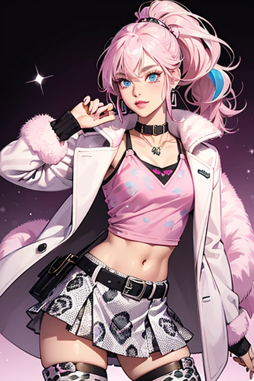 Lady Diva with tan skin, blue eyes, pink eye shadow, a beauty mark, pink nail polish, pink lipstick and blush, and lime green hair in a long, high ponytail with curly bangs.
She wears a black and white midriff top with indigo laces and leopard prints, a white leopard print skirt, pink snakeskin boots with silver details, a black collar that says "Slay", silver snake earrings, a pink fuzzy jacket, a silver necklace with the woman sign (♀️), a silver belt that says "Diva", and a black headset microphone with silver details. Her purse is white with a black leopard print with indigo and silver details. SPARKLE; GLITTER