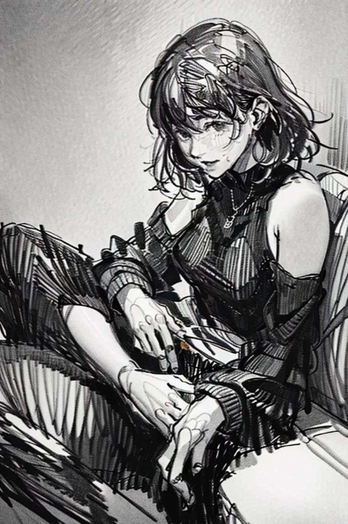 best quality, masterpiece, sketchï¼monochrome, traditional media, Pencil drawing, 1girl, smile , sweater, bare shoulder, sitting on the sofa, cross-legged