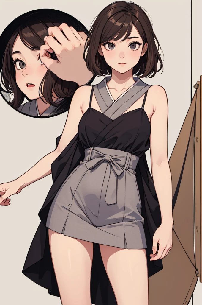 (((masterpiece, best quality, ultra highres, 1 girl, solo, no background))), super detailed skin and face and eyes and finger, beautiful japanese woman, small breasts:1.5, skinny, light brown hair, white background, very short hair, (an illustration of girl), Knee shot, Generate with illustrations, Various expressions, Various poses, Various Costumes, Please draw the entire character within the frame, ensuring that the head, arms, and legs are not cut off. The background should be simple, with the character positioned centrally,