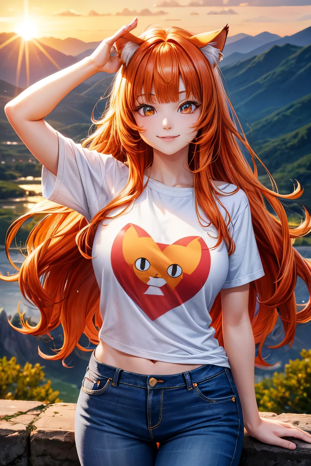 Top quality, high resolution, perfect human structure, background focus, front view, orange hair, shiny hair, cat ears, smiling heart shaped eyes, blunt bangs, wavy hair, sunrise, mountains, shiny hair, evil smile, gradient eyes, t-shirt, jeans