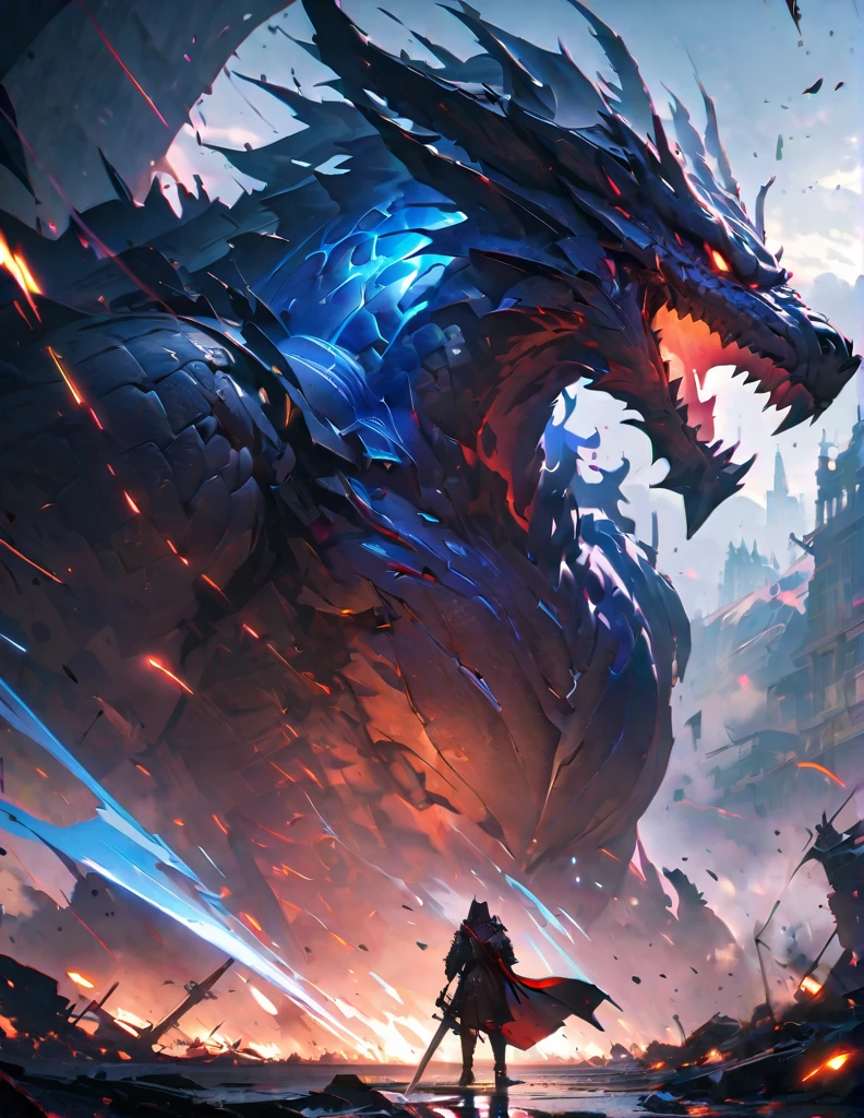 quality(8k wallpaper of extremely detailed CG unit, masterpiece, hight resolution, top-quality, top-quality ,hyper realisitic, digitial painting,increase the resolution,RAW photos,best qualtiy,highly detailed,the wallpaper),BREAK,8K, Gigantic dragon head coming out from black smoke, blue lighting, warrior with Gigantic sword in hands standing front of Gigantic dragon head,