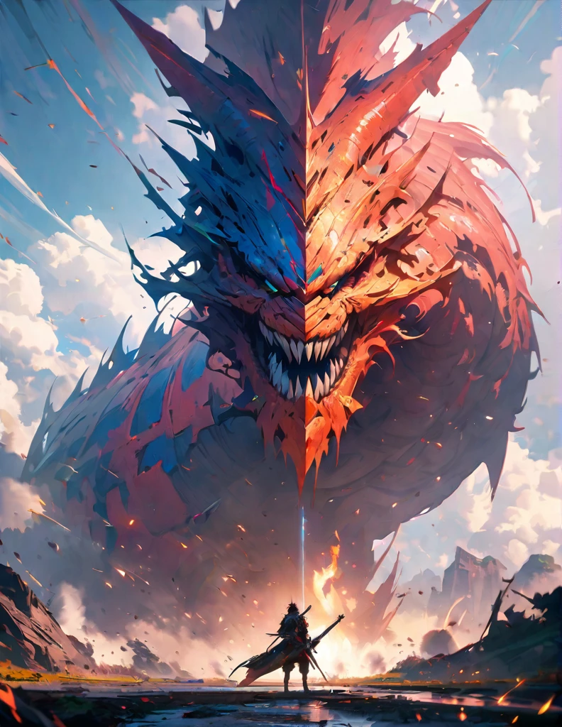 quality(8k wallpaper of extremely detailed CG unit, masterpiece, hight resolution, top-quality, top-quality ,hyper realisitic, digitial painting,increase the resolution,RAW photos,best qualtiy,highly detailed,the wallpaper),BREAK,8K, Gigantic dragon head coming out from black smoke, blue lighting, warrior with Gigantic sword in hands standing front of Gigantic dragon head,
