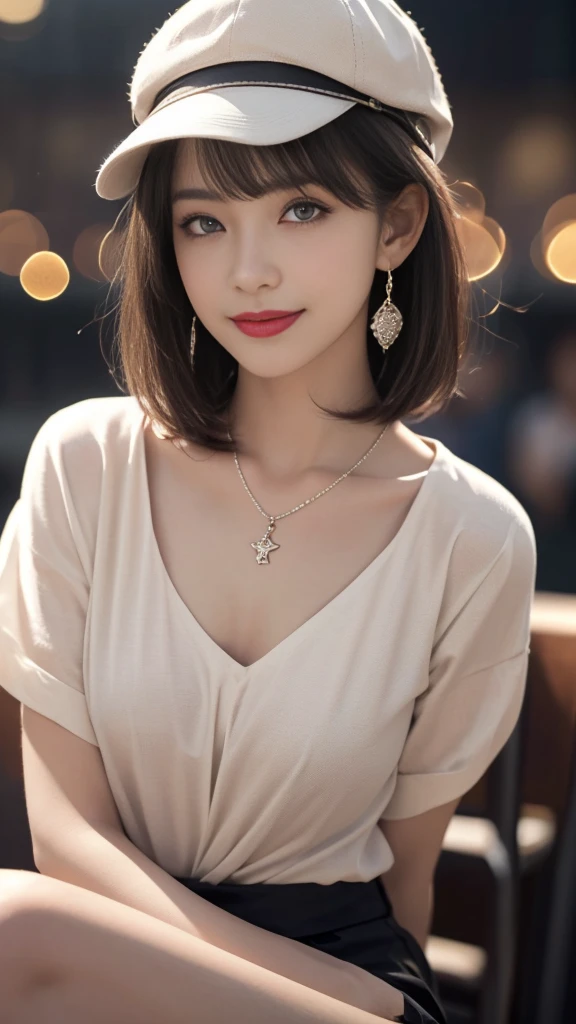8K,(RAW photos),(best quality), (Photo-realistic:1.4),Realistic skin texture 1girl,Lovely,Double eyelids,Bangs,whole body,,Thin legs,(fit),Slim,Smile,hat,earrings,necklace,Watch and look at the audience,Face Focus,Depth of Field,club ,(Chest close-up:1),Bokeh,,