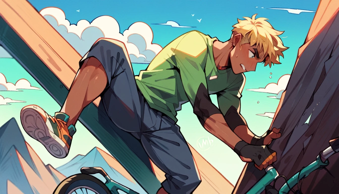 blonde man and dark-skinned woman climbing a mountain on an MTB bike