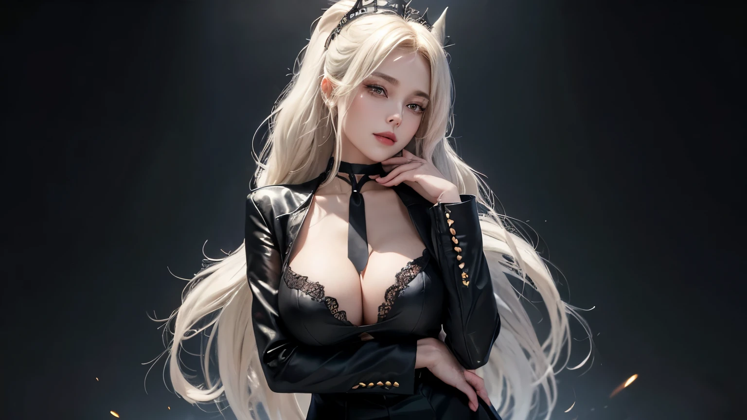 In a masterful display of artistic prowess, Lucifer from Helltaker emerges as the focal point of a hyper-realistic 8K human portrait. Clad in a formal suit featuring a striking red shirt, black pants, and a matching black necktie, she commands attention with her serene expression and captivating smile, her gaze fixed directly upon the viewer. She has the face of ((https://images.fineartamerica.com/images/artworkimages/mediumlarge/3/1-gorgeous-blonde-with-big-breasts-mihai-b.jpg)). Her eyes, almond-shaped and bewitching, mesmerize with their striking red crimson irises, framed by gracefully arched eyebrows and thick, voluminous lashes that curl upwards. Luxuriant waves of light-white hair cascade around her, catching the light in subtle platinum highlights, while her smooth, porcelain-like skin radiates a subtle glow, suggesting vitality and allure, an elegant mix of botanical and geometric patterns that enhance her already captivating presence. Her attire, a black dress and a choker around her neck, serves to underscore her beauty and sophistication. Standing tall and confident, Lucifer possesses very large bosoms, fitting into an I-sized cup, (mature female, milf:1.3). Rendered with meticulous attention to detail and realism, this portrait captures every nuance of Lucifer's appearance, from the delicate contours of her face to the subtle textures of her clothing and skin. Set against a deep matte black background, she stands as a timeless symbol of beauty and allure, her dynamic pose and perfect anatomy drawing the viewer into her world. This high-resolution masterpiece transcends mere artistry, offering a glimpse into the depths of Lucifer's character and personality. With its cinematic composition and meticulous attention to detail, a true masterpiece in every sense of the world. full body. large breasts, heavy makeup, detailed Tokyo street , smile, white hair, blush, eyeliner, white lips. tight waist (45 cm). She has an european dutch like face.