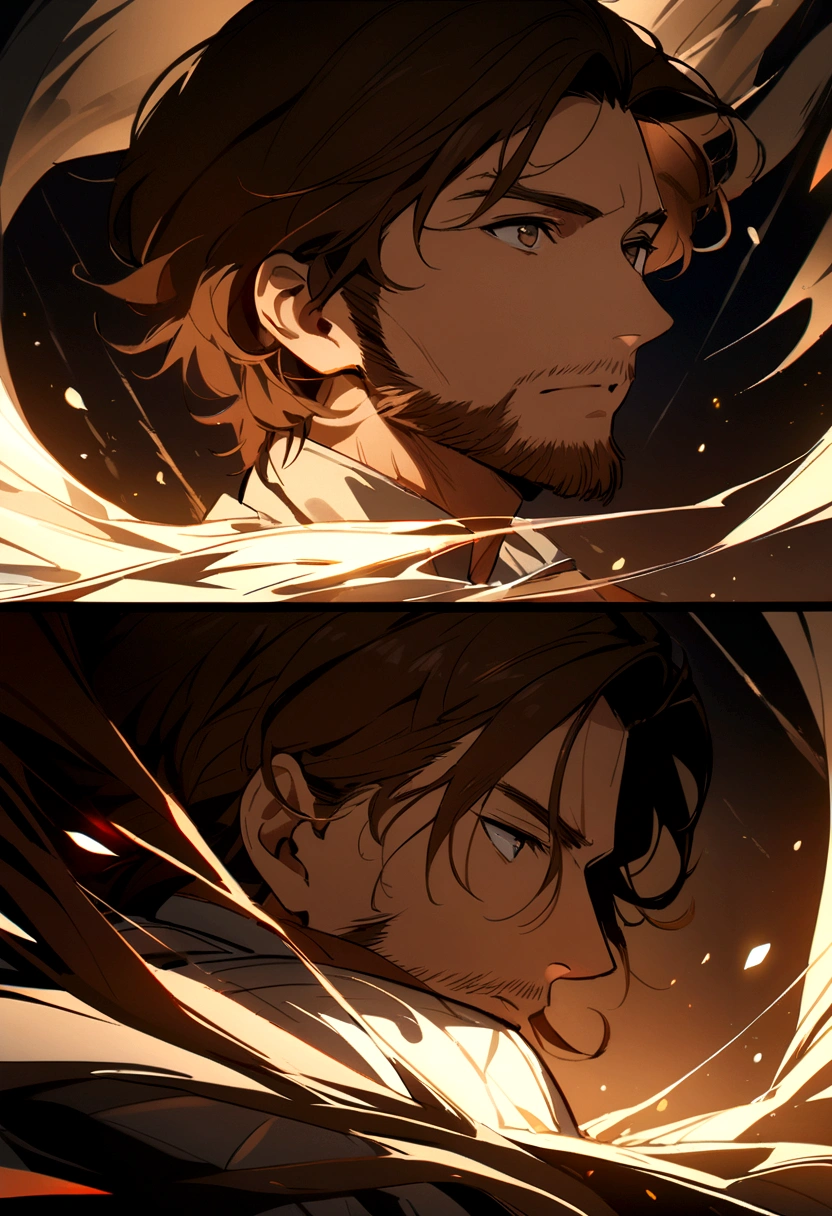 man with brown beard and long brown hair brown eyes doing many things at once in 4 different shots