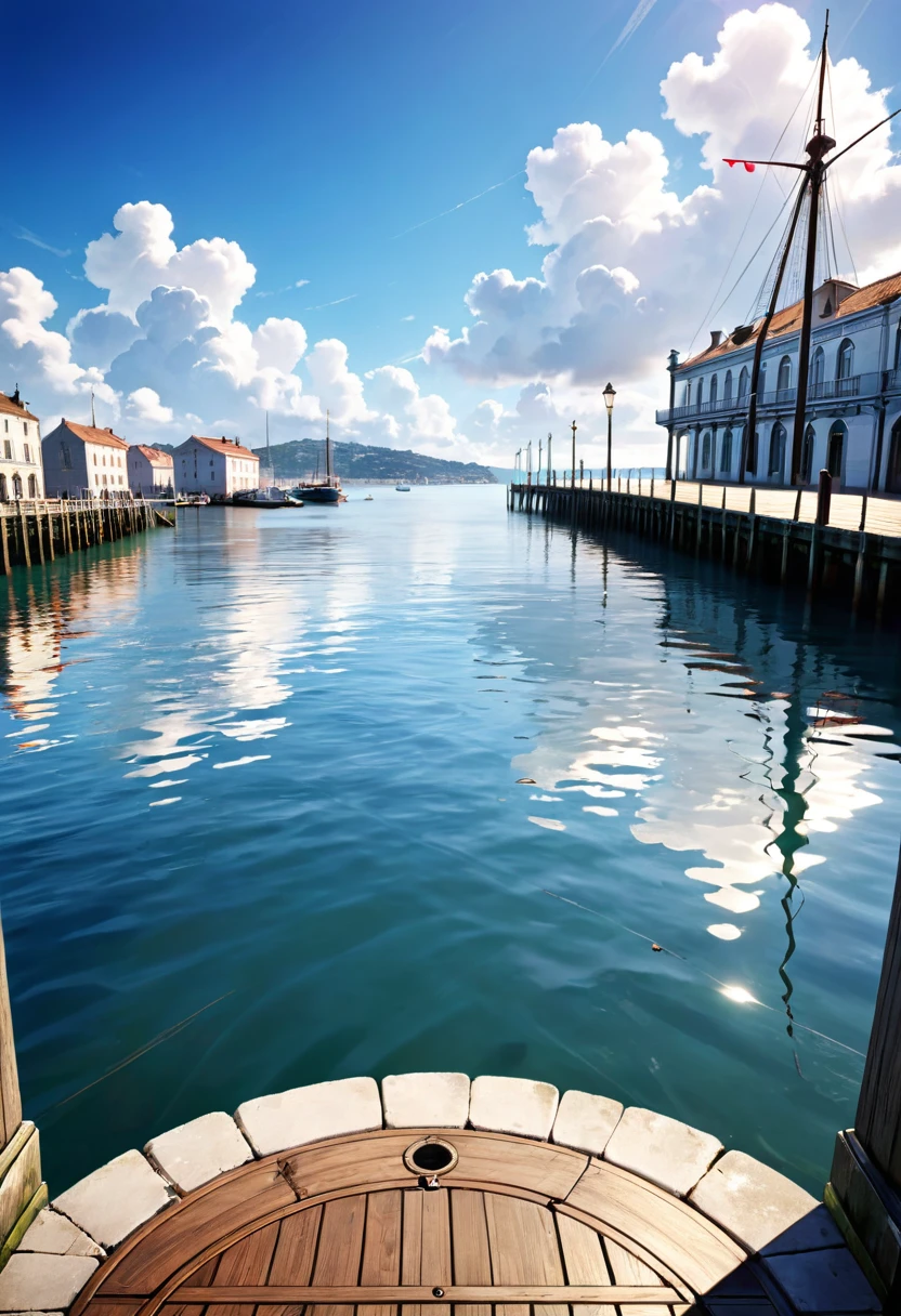 {{{19 Century}}}, port, (masterpiece:1.2), (best quality:1.2), (very aesthetic:1.2), (absurdres:1.2), (detailed background), photograph, Quay, Pier, background, calm, Calm Day, noon, sunny, White cloud, Ripples, Ocean