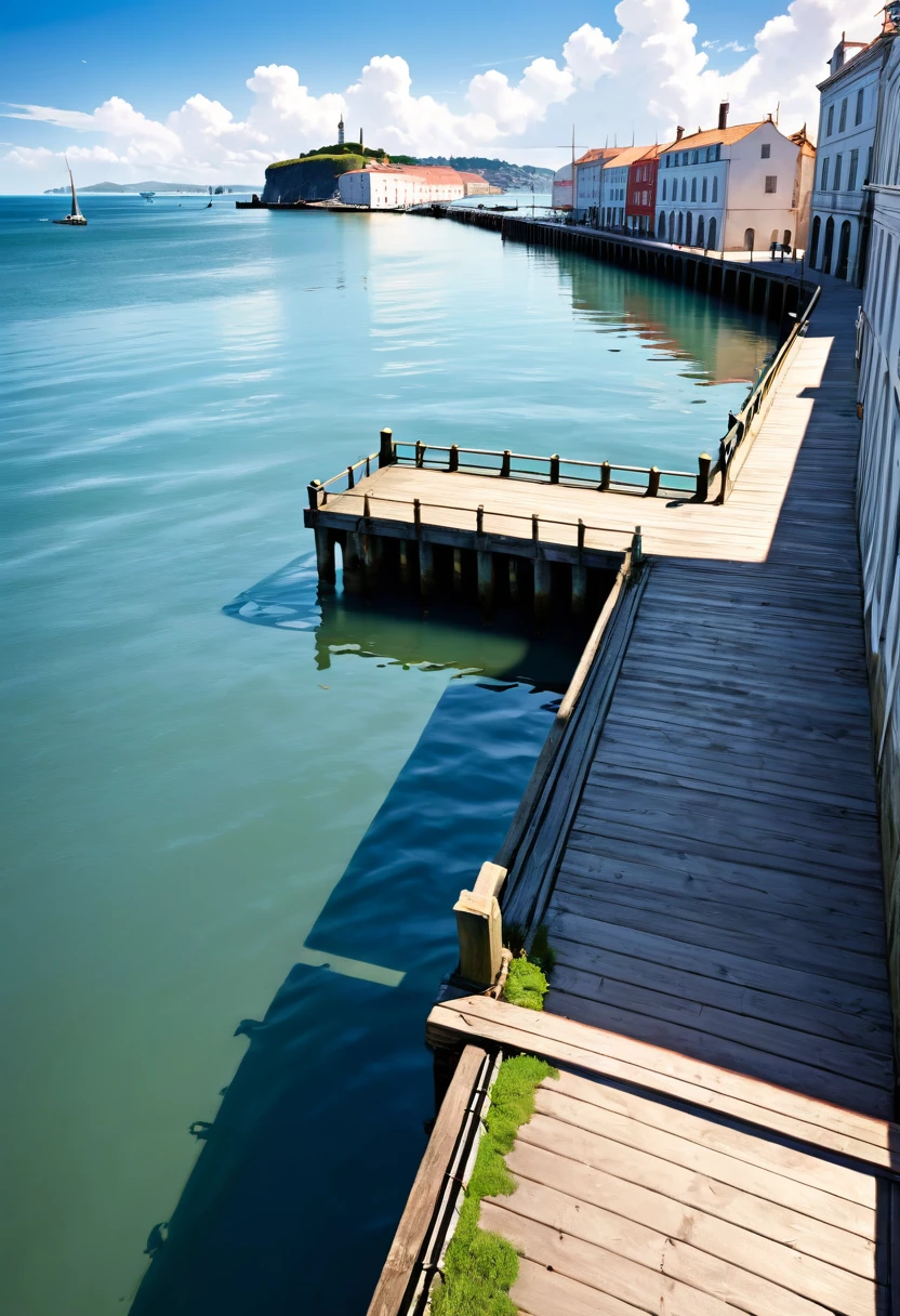 {{{19 Century}}}, port, (masterpiece:1.2), (best quality:1.2), (very aesthetic:1.2), (absurdres:1.2), (detailed background), photograph, Quay, Pier, background, calm, Calm Day, noon, sunny, White cloud, Ripples, Ocean