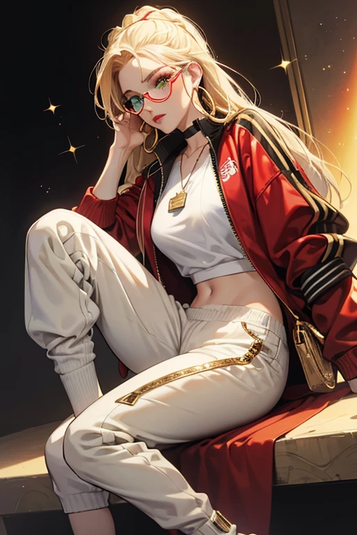 Swag with tan skin, a beauty mark, red nail polish, green eyes, blue eye shadow, red blush, red lipstick, and blonde hair in microbraids.
She wears a white top, a red sweatshirt jacket with white trimmings, gold details, and slits on the sleeves, matching sweatpants with slits on the sides, white socks with two black stripes on the top, yellow boots with brown soles and heels, gold hoop earrings that say 'Swag', a dollar sign ($) necklace, and shades with red lenses. Her purse is white with gold straps and a dollar sign ($). SPARKLE; GLITTER