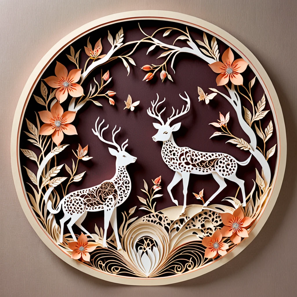 Create a detailed paper cutout artwork depicting a scene that combines intricate patterns with various flowers. The scene should include a harmonious blend of elaborate, decorative patterns interwoven with different types of flowers such as roses, lilies, and cherry blossoms. The patterns should enhance and complement the shapes and colors of the flowers, creating a seamless integration between the floral elements and the abstract designs. The artwork should evoke a sense of beauty and intricacy, highlighting the elegance and charm of both the patterns and the flowers. The overall mood should be artistic and enchanting, capturing the delicate beauty of nature through detailed design.