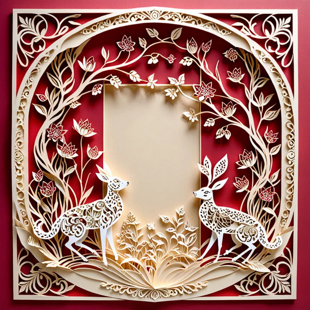 Create a detailed paper cutout artwork depicting a scene that combines intricate patterns with various flowers. The scene should include a harmonious blend of elaborate, decorative patterns interwoven with different types of flowers such as roses, lilies, and cherry blossoms. The patterns should enhance and complement the shapes and colors of the flowers, creating a seamless integration between the floral elements and the abstract designs. The artwork should evoke a sense of beauty and intricacy, highlighting the elegance and charm of both the patterns and the flowers. The overall mood should be artistic and enchanting, capturing the delicate beauty of nature through detailed design.
