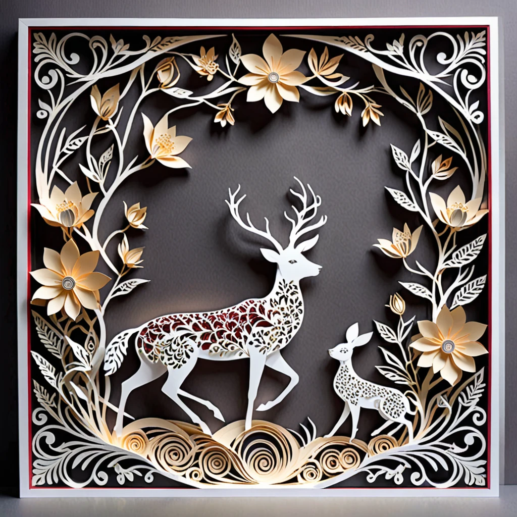 Create a detailed paper cutout artwork depicting a scene that combines intricate patterns with various flowers. The scene should include a harmonious blend of elaborate, decorative patterns interwoven with different types of flowers such as roses, lilies, and cherry blossoms. The patterns should enhance and complement the shapes and colors of the flowers, creating a seamless integration between the floral elements and the abstract designs. The artwork should evoke a sense of beauty and intricacy, highlighting the elegance and charm of both the patterns and the flowers. The overall mood should be artistic and enchanting, capturing the delicate beauty of nature through detailed design.