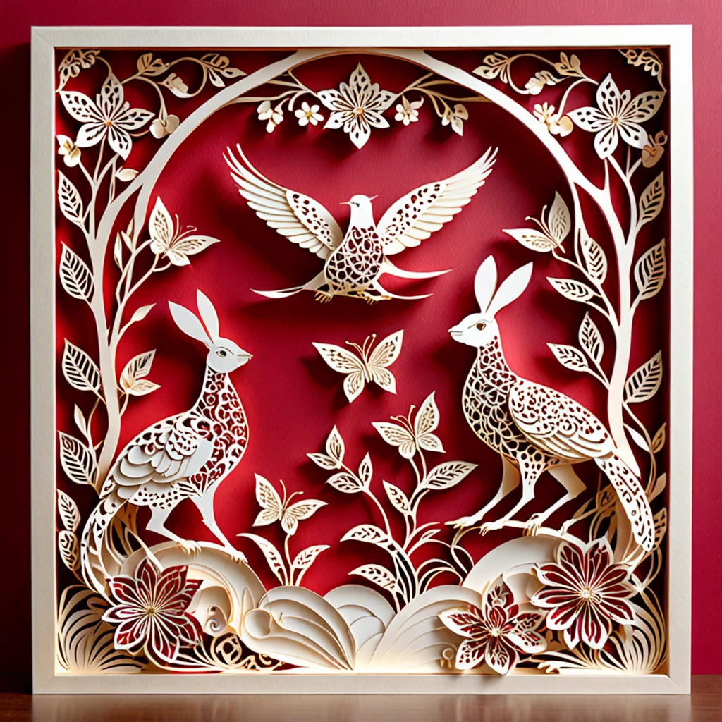 Create a detailed paper cutout artwork depicting a scene that combines intricate patterns with various flowers. The scene should include a harmonious blend of elaborate, decorative patterns interwoven with different types of flowers such as roses, lilies, and cherry blossoms. The patterns should enhance and complement the shapes and colors of the flowers, creating a seamless integration between the floral elements and the abstract designs. The artwork should evoke a sense of beauty and intricacy, highlighting the elegance and charm of both the patterns and the flowers. The overall mood should be artistic and enchanting, capturing the delicate beauty of nature through detailed design.