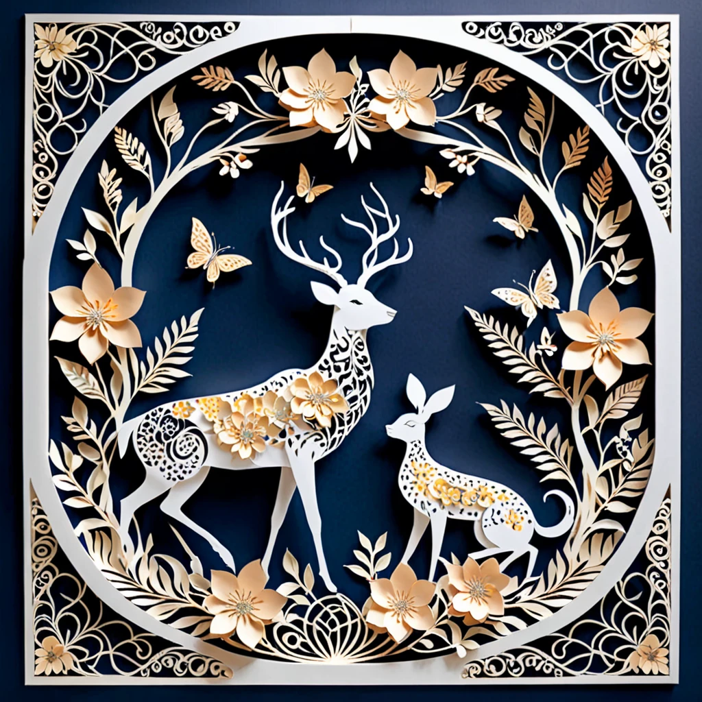 Create a detailed paper cutout artwork depicting a scene that combines intricate patterns with various flowers. The scene should include a harmonious blend of elaborate, decorative patterns interwoven with different types of flowers such as roses, lilies, and cherry blossoms. The patterns should enhance and complement the shapes and colors of the flowers, creating a seamless integration between the floral elements and the abstract designs. The artwork should evoke a sense of beauty and intricacy, highlighting the elegance and charm of both the patterns and the flowers. The overall mood should be artistic and enchanting, capturing the delicate beauty of nature through detailed design.