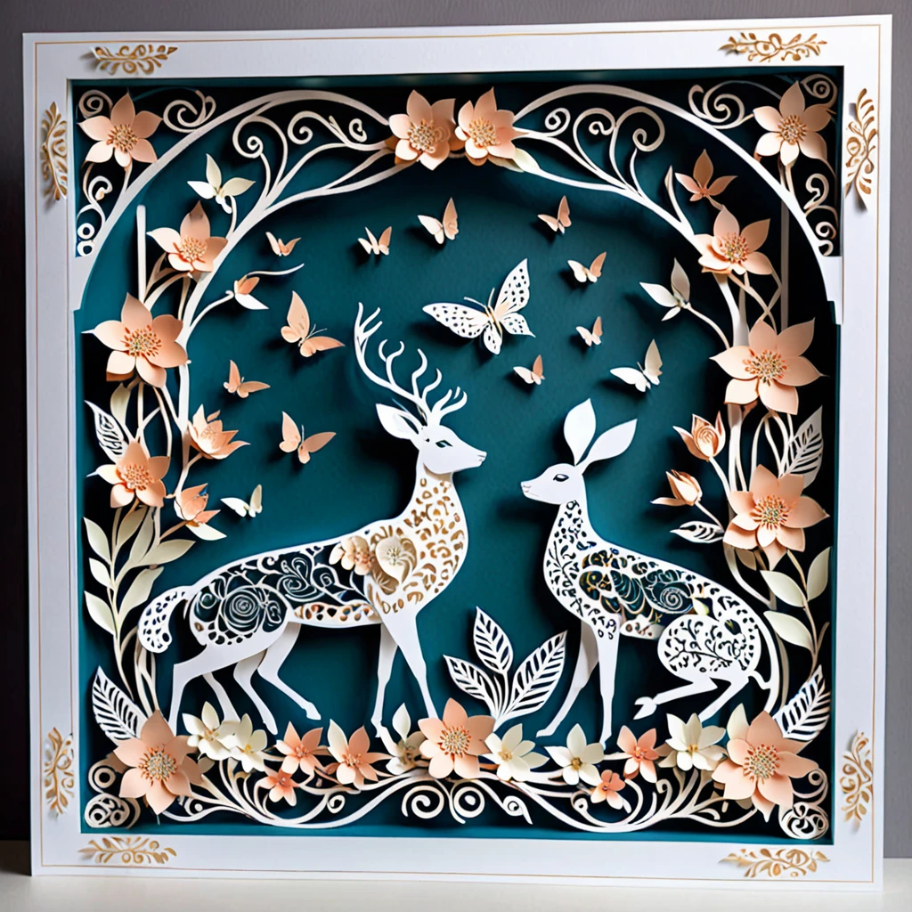 Create a detailed paper cutout artwork depicting a scene that combines intricate patterns with various flowers. The scene should include a harmonious blend of elaborate, decorative patterns interwoven with different types of flowers such as roses, lilies, and cherry blossoms. The patterns should enhance and complement the shapes and colors of the flowers, creating a seamless integration between the floral elements and the abstract designs. The artwork should evoke a sense of beauty and intricacy, highlighting the elegance and charm of both the patterns and the flowers. The overall mood should be artistic and enchanting, capturing the delicate beauty of nature through detailed design.