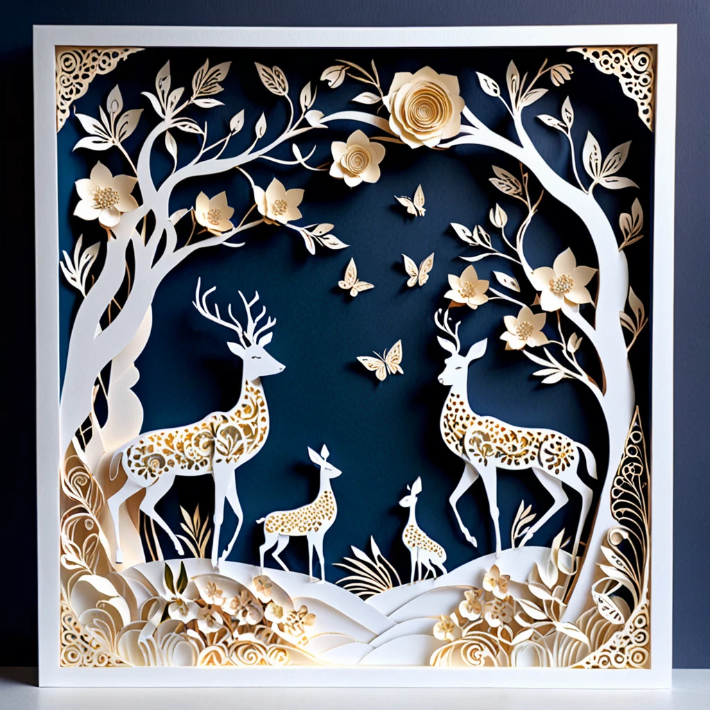 Create a detailed paper cutout artwork depicting a scene that combines intricate patterns with various flowers. The scene should include a harmonious blend of elaborate, decorative patterns interwoven with different types of flowers such as roses, lilies, and cherry blossoms. The patterns should enhance and complement the shapes and colors of the flowers, creating a seamless integration between the floral elements and the abstract designs. The artwork should evoke a sense of beauty and intricacy, highlighting the elegance and charm of both the patterns and the flowers. The overall mood should be artistic and enchanting, capturing the delicate beauty of nature through detailed design.