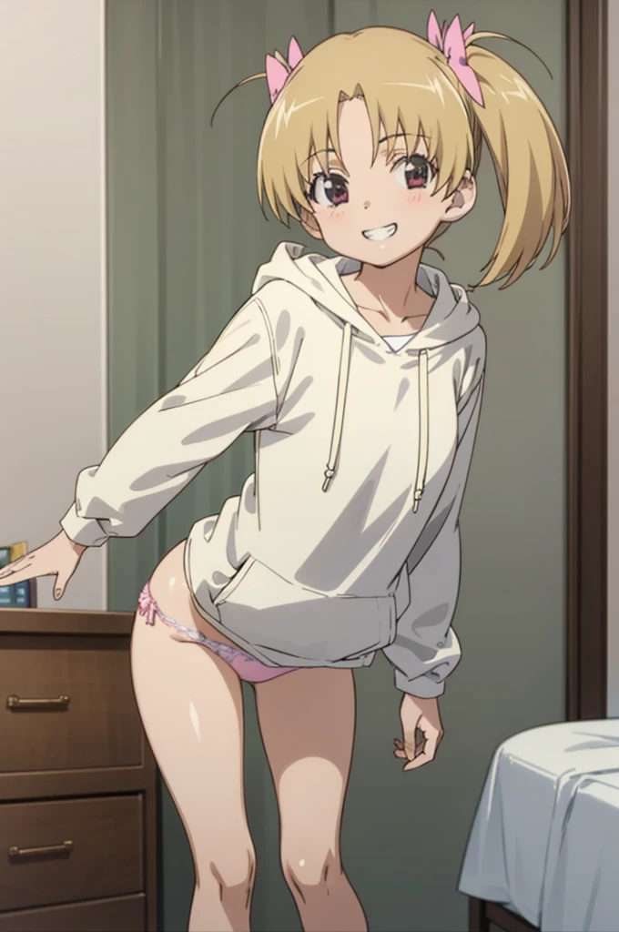 solo, 1girl, looking at viewer, mikazuki kiryuu, , my room,, looking at viewer,big hoodie,panties,standing,from below,grin