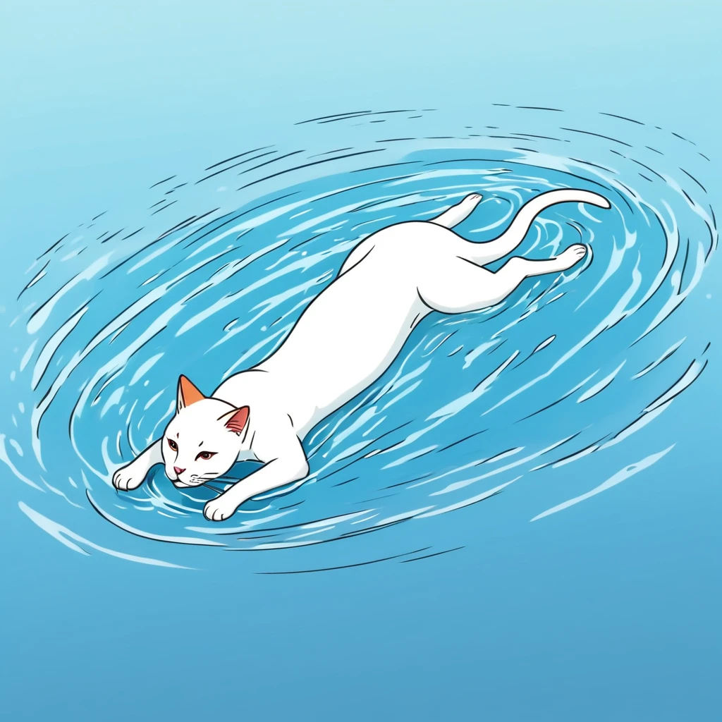 Anthropomorphic crawling swimming cat, lying down and swimming in water, simple touch, Japanese style animation touch, high quality