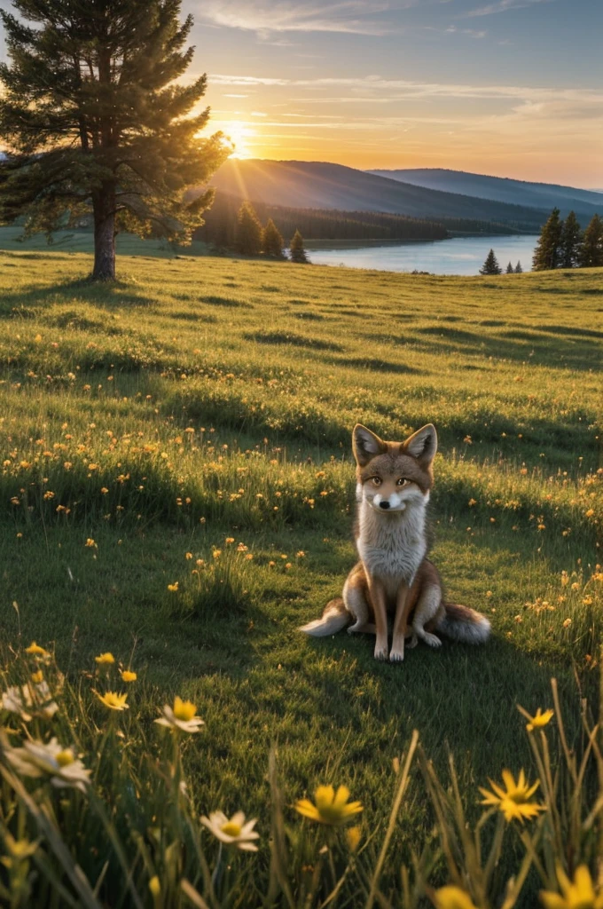 ((best quality)), ((masterpiece)), (Detailed), An anthropomorphic little wolf cub, and an anthropomorphic little fox girl, sitting hand in hand in a meadow by a lake and watching the sunset.