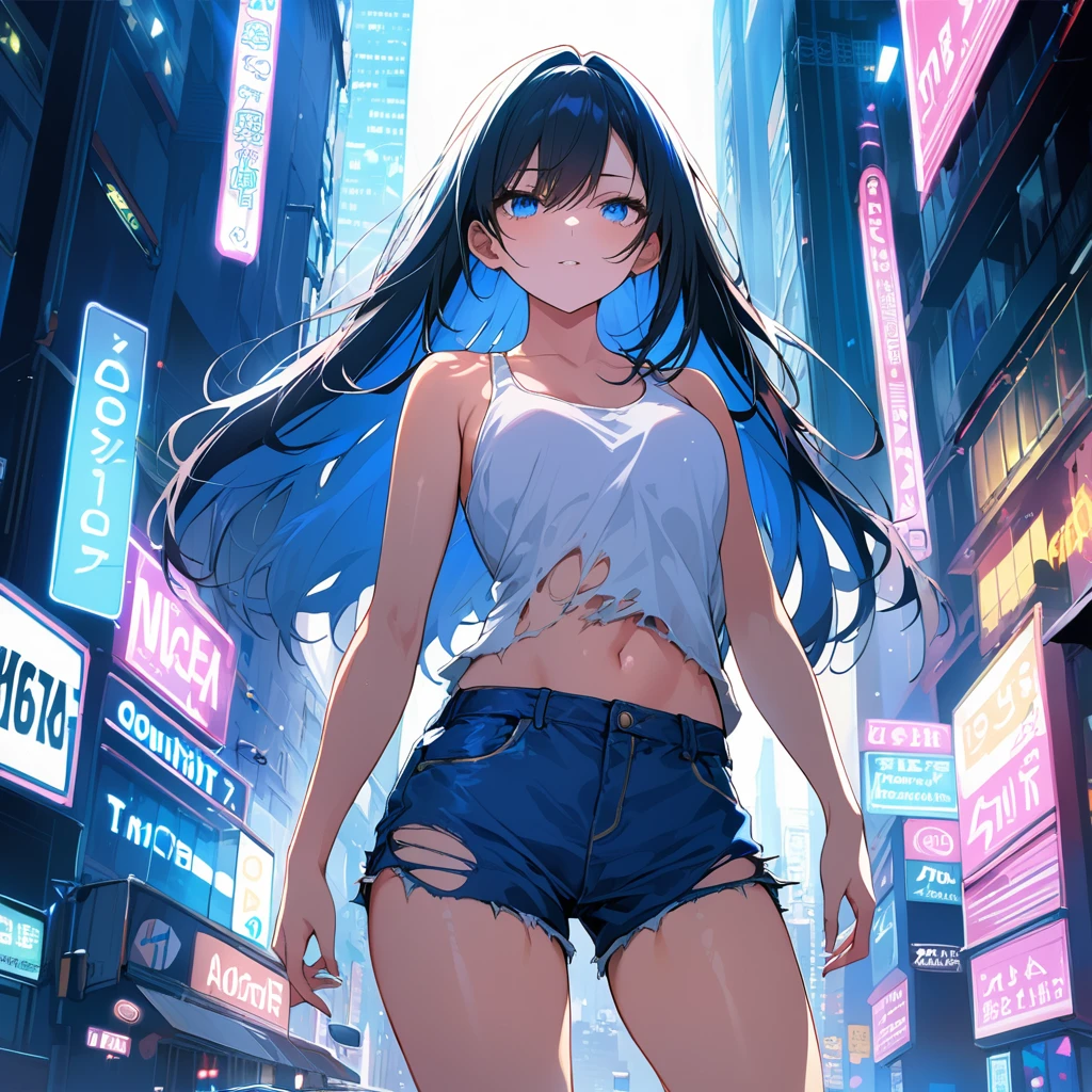 16K, High resolution, RTTX10.0, Ray Tracing, Natural light, Absurd, Top quality masterpiece, Perfect anatomy and highly detailed face, fine grain, One Girl, alone, , White tank top, (((Torn blue shorts))), Beautiful Hair, so beautiful, Edgy, Nice, Evil Aura, the wind is strong, Big city intersection at night, Future, Neon Light, it&#39;s raining, Detailed Background, Awards, It was a hot topic on Art Station., Climax, 自然A pose, Sweat is splashing, Intense movement, color々A pose, (((Playing electric guitar))), Concentrated on the music
