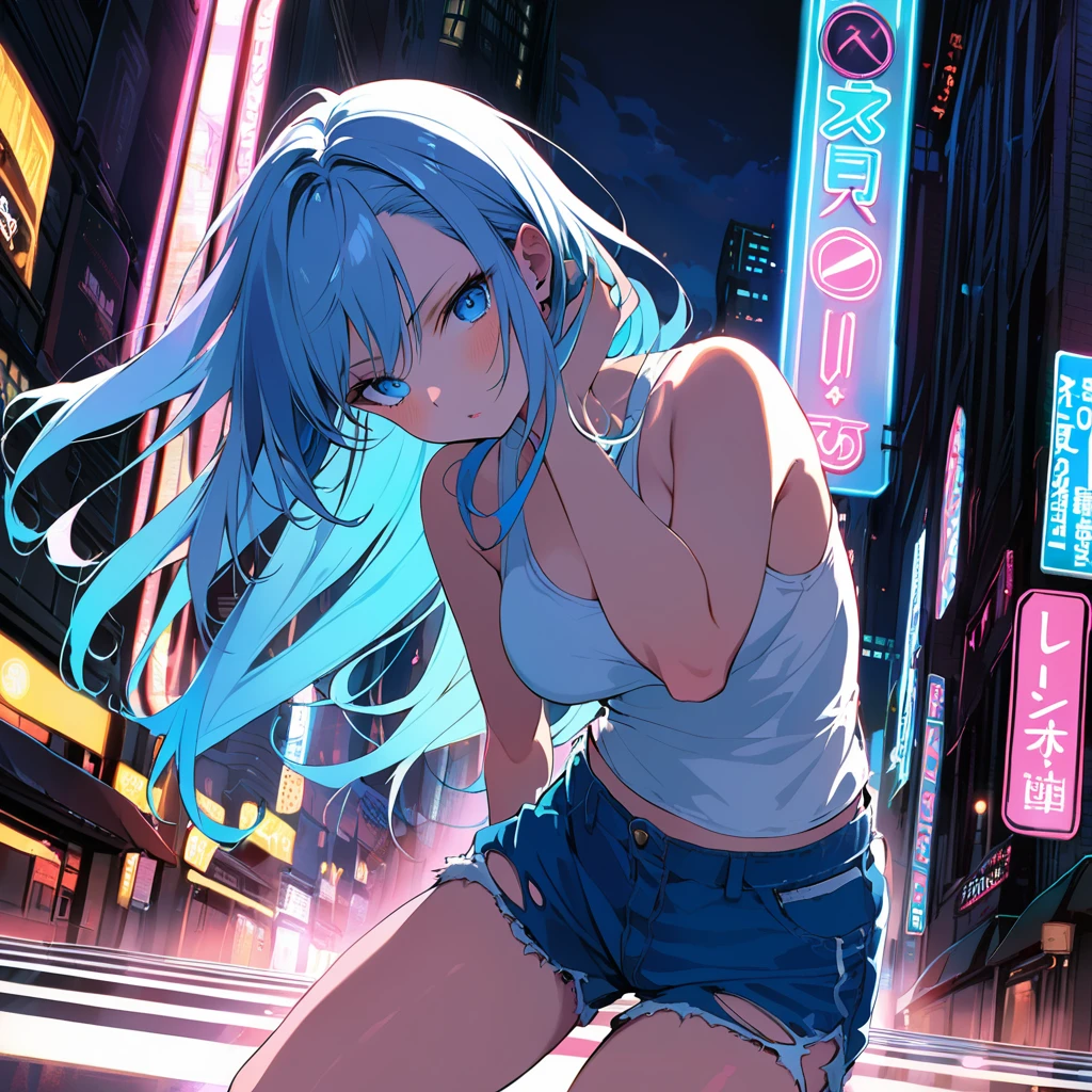 16K, High resolution, RTTX10.0, Ray Tracing, Natural light, Absurd, Top quality masterpiece, Perfect anatomy and highly detailed face, fine grain, One Girl, alone, , White tank top, (((Torn blue shorts))), Beautiful Hair, so beautiful, Edgy, Nice, Evil Aura, the wind is strong, Big city intersection at night, Future, Neon Light, it's raining, Detailed Background, Awards, It was a hot topic on Art Station., Climax, 自然A pose, Sweat is splashing, Intense movement, color々A pose, (((Playing electric guitar))), Concentrated on the music