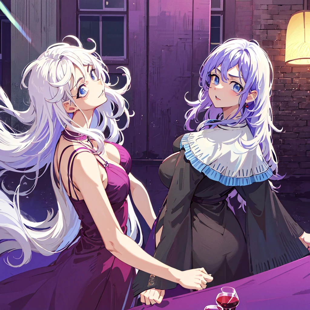 2 women one with long white hair a little wavy bright blue eyes in a tight black dress with a glass of wine next to her a woman with dark purple hair and bright purple eyes in a tight black dress with a glass of wine at a night time