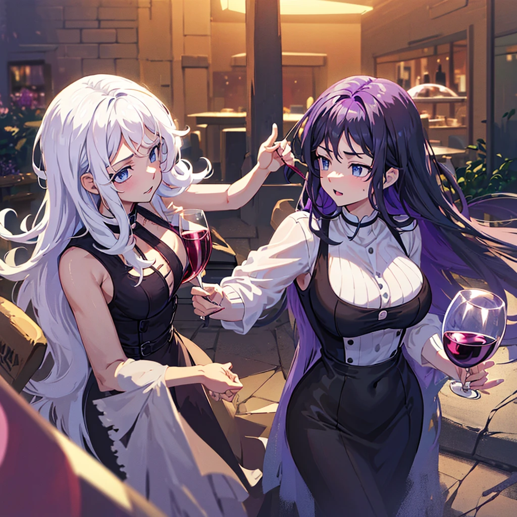 2 women one with long white hair a little wavy bright blue eyes in a tight black dress with a glass of wine next to her a woman with dark purple hair and bright purple eyes in a tight black dress with a glass of wine at a night time