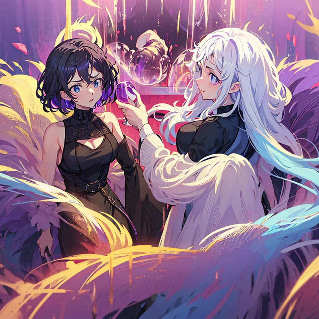 2 women one with long white hair a little wavy bright blue eyes in a tight black dress with a glass of wine next to her a woman with dark purple hair and bright purple eyes in a tight black dress with a glass of wine at a night time