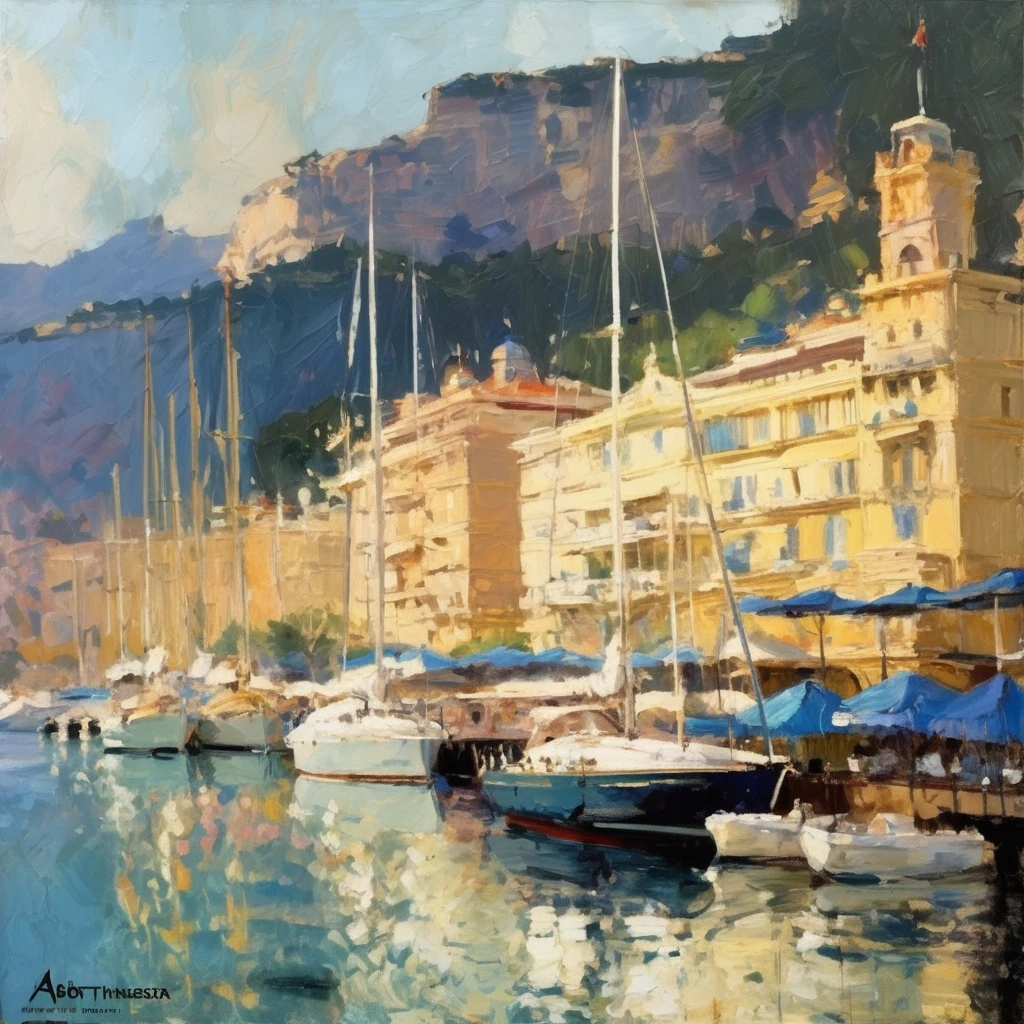 Konstantin Korovin Style - oil painting of a beautiful yacht haven in monaco. Muted colors. Artwork by Abbott Handerson Thayer.