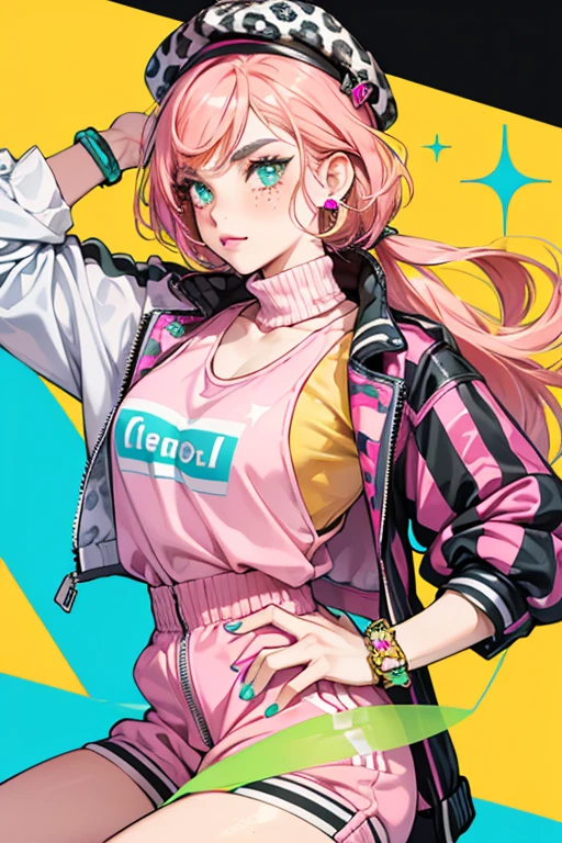 Neonlicious is with tan skin, teal eyes, yellow eye shadow, blue nail polish, pink lipstick and blush, star-shaped freckles, pink squiggly eyebrows, and orange (right) and pink hair (left) styled in a crimped-out bob cut with two longer locks at the front.
She wears a neon yellow turtleneck top, matching cycling shorts, a grey beret with leopard prints, a black and white checkered jacket with zipper, a pink pinafore, white squiggly square earrings, a pink bracelet, white sneakers with yellow soles, and shades with neon green lenses that don't cover the lens frames. SPARKLE; GLITTER