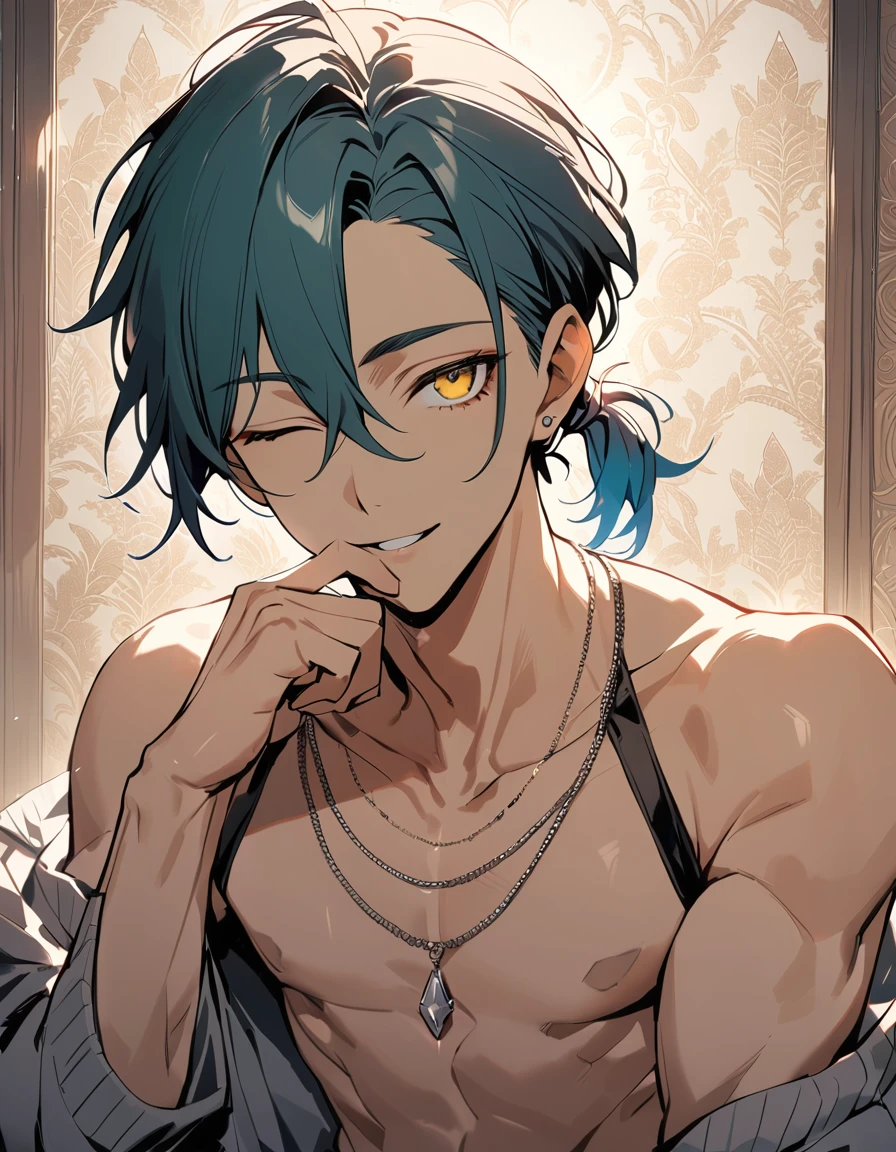 ((((best masterpiece, best quality, wallpaper,)))) solo, guy, male body, small muscles, flat chest, 1male, 30 years old, handsome man, dramatic angle, upper body, looking at viewers, beautiful detailed, finger to mouth, mediumturquoise hair, ((((Lower short ponytail)))), asymmetrical bangs, ((short hair,)) seductive smile, ((( one eye closed, gold eyes,))) (((^o^, tareme, droopy eyes,))) perfect face, extremely detailed eyes, perfect hands, sharp nose, seductive smile, clear face, black turtleneck, grey cardigan, ((silver piercing, simple silver necklace,)) leggings, lighting back, backlighting, pink background color ultrasharp, 8K, masterpiece,,wrenchftmfshn, fantasy clothing