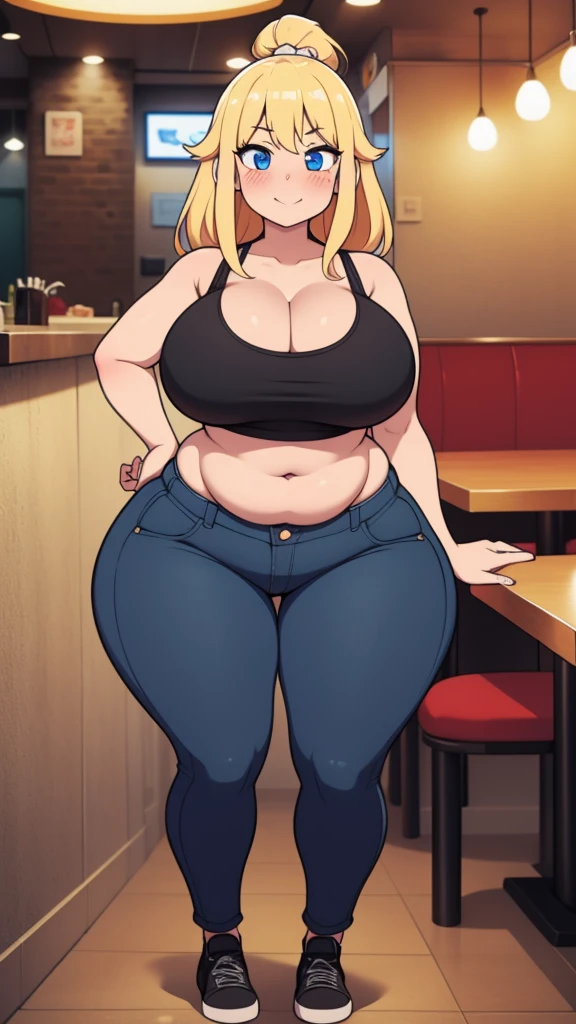 ((highres)), Masterpiece, high quality, best quality, beautiful, perfect lighting, detailed face, ultra cute face, looking at viewer, on a date, ((blush)), affectionate smile, ((1girl)), ((solo)), long blonde hair, fluffy hair, blue eyes, jeans, crop top, tight clothes, fast food restaurant, large breasts, cleavage, wide hips, ((thick thighs)), ((chubby)), chubby belly, standing, arms behind back, leaned over, cute pose,