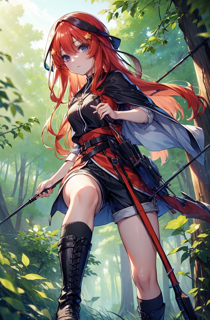 itsukinakano, itsuki nakano, bangs, blue eyes, Hair between the eyes, Redhead, star \(symbol\), hair ornaments, star hair ornaments,Long Hair,Owns an archery grip in the right hand,Carrying an archery bag,He has a quiver on one side, boots, Cape,gloves, red Knee socks, High heels, Shorts, Knee socks,whole bodyがイラストの中に入っていくように,歩いている
break outdoors, forest,forest林, break looking at viewer,whole body, 
break (masterpiece:1.2), Highest quality, High resolution, unity 8k wallpaper, (shape:0.8), (Fine and beautiful eyes:1.6), Highly detailed face, Perfect lighting, Highly detailed CG, (Perfect hands, Perfect Anatomy),