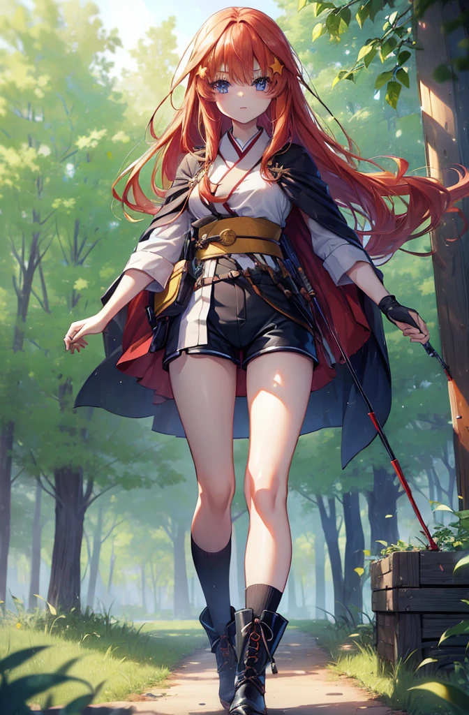 itsukinakano, itsuki nakano, bangs, blue eyes, Hair between the eyes, Redhead, star \(symbol\), hair ornaments, star hair ornaments,Long Hair,Owns an archery grip in the right hand,Carrying an archery bag,He has a quiver on one side, boots, Cape,gloves, red Knee socks, High heels, Shorts, Knee socks,whole bodyがイラストの中に入っていくように,歩いている
break outdoors, forest,forest林, break looking at viewer,whole body,
break (masterpiece:1.2), Highest quality, High resolution, unity 8k wallpaper, (shape:0.8), (Fine and beautiful eyes:1.6), Highly detailed face, Perfect lighting, Highly detailed CG, (Perfect hands, Perfect Anatomy),