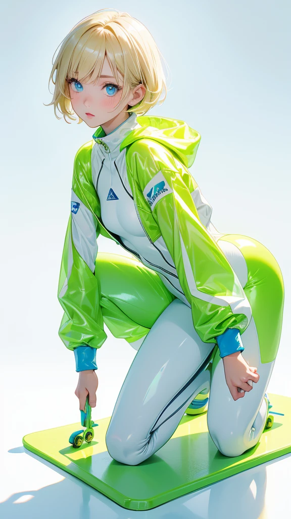 1girl, solo, white background,   wattson, masterpiece, highly detailed, blue eyes, blonde hair, short hair, Fluorescent green jacket, Rubber Gloss, white rubber skinsuit, Yellow skateboard shoes,  white pants, blush, plain background, kneeling 