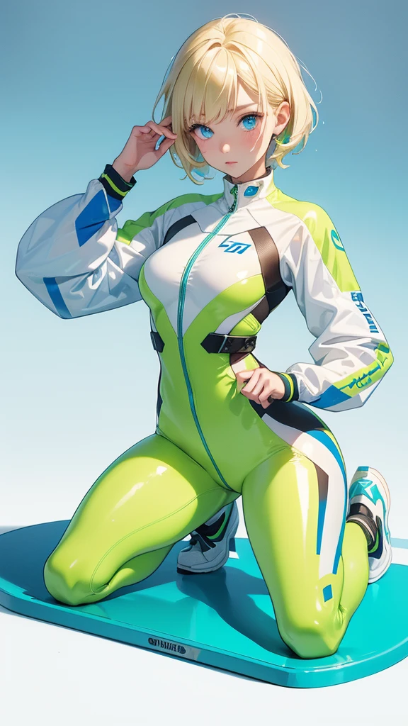 1girl, solo, white background,   wattson, masterpiece, highly detailed, blue eyes, blonde hair, short hair, Fluorescent green jacket, Rubber Gloss, white rubber skinsuit, Yellow skateboard shoes,  white pants, blush, plain background, kneeling 