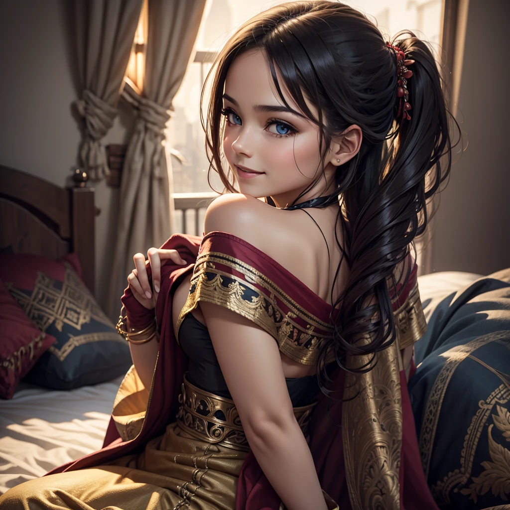 1girl, fantasy, highres, looking_away, looking_to_the_side, original, realistic, scenery, Close-up, upper_body, smiling, action pose,on_bed,