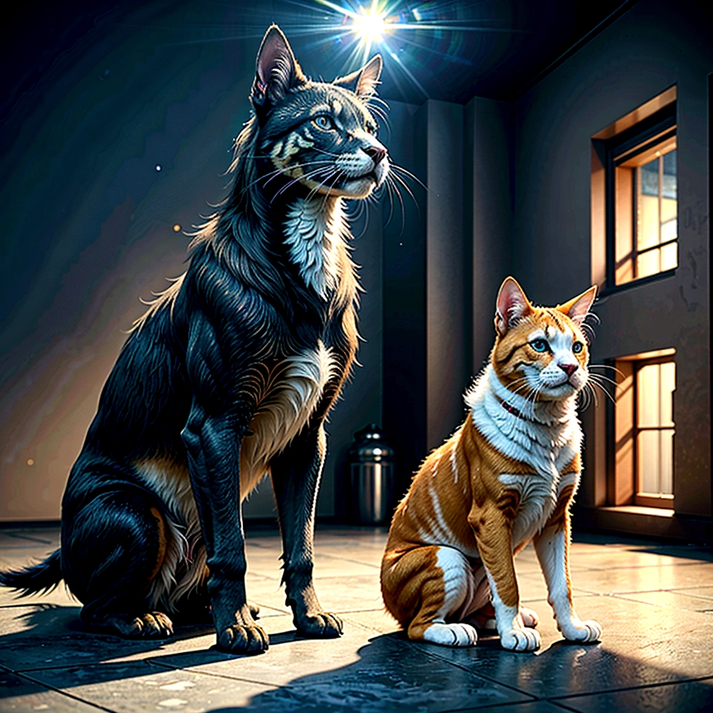pets in heaven, deep color, realistic, wide screen, intricate detail, splash screen, complementary colors, realistic concept art, Unreal Engine 5 volumetric lighting", dynamic lighting hyperdetailed