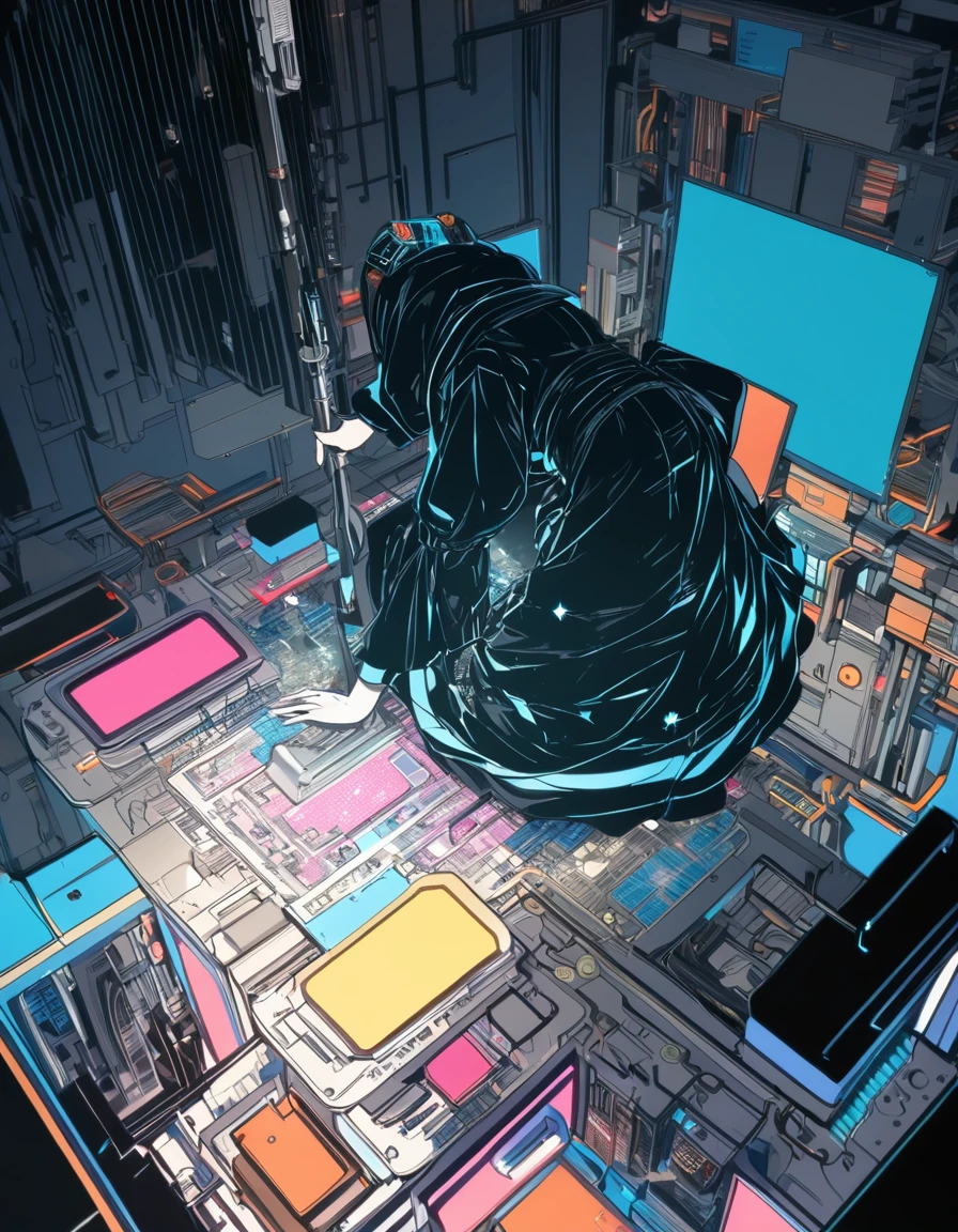 ultra detailed 8K CG:1.3, ultra delicate and detailed face:1.3, (absurdres, texture, masterpiece), isometric, comical pop art, pixiv contest winner, by Posuka Demizu, Dynamic manga-style illustration of slender cyborg maid girl, She is cleaning the motherboard with a broom.