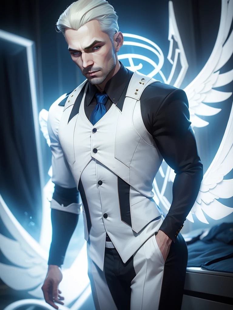 30 years old man, pale skin, neutral expression, slickedback hair, Black Suit, ángel wings, posing from the front, blue aura hovering around you, dark bedroom.